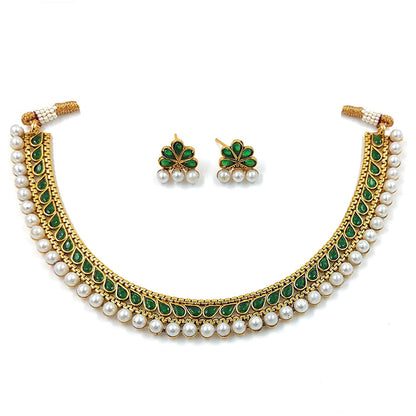 Women's Gold Plated Traditional Green Choker Necklace Jewellery Set