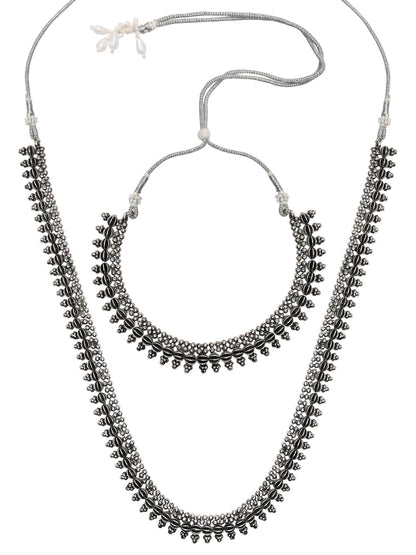 Women's 18K Silver Oxidised Traditional Style Necklace With Choker & Earrin