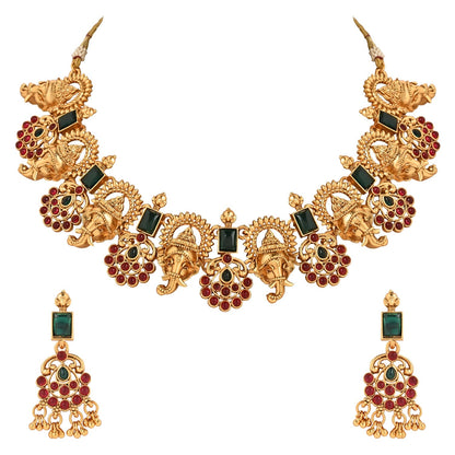 Women's Gold Plated Traditional Temple Choker Necklace Jewellery With Earrings Set