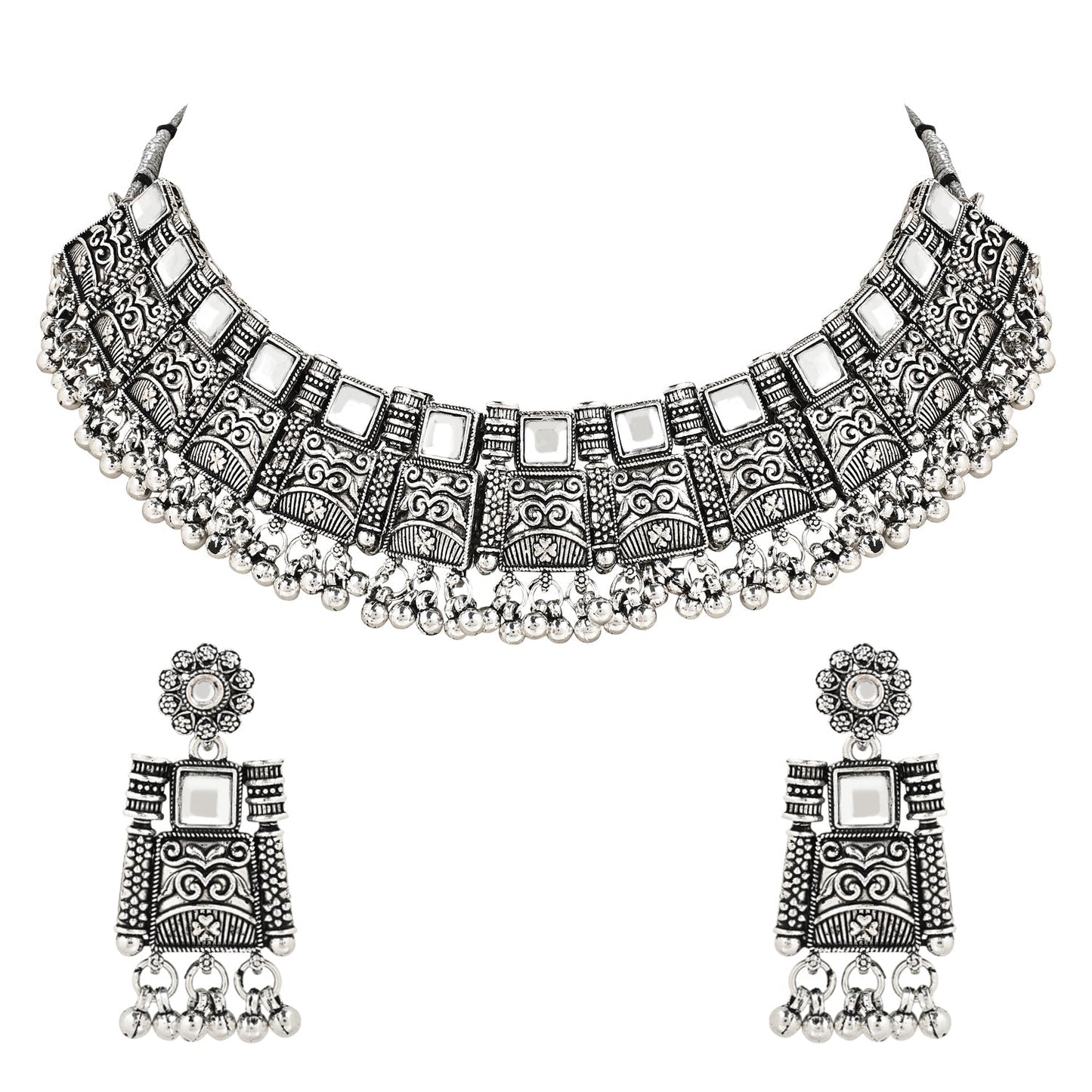 Women's Antique Silver Oxidized Ethnic Traditional Afghani Choker Necklace Jewellery Set