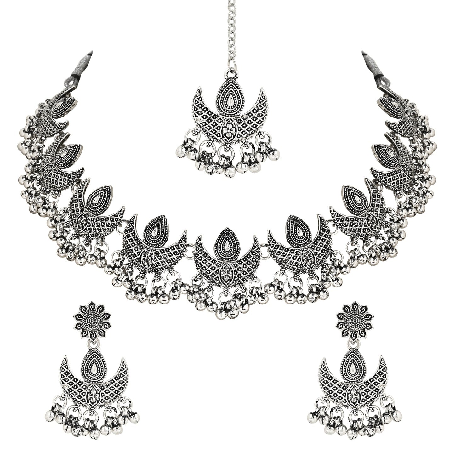 Women's Antique Silver Oxidized Ethnic Traditional Afghani Choker Necklace Jewellery Set