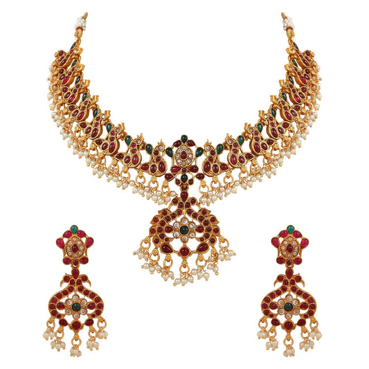 Women's 18K Gold Plated Traditional Antique Temple Jewellery Long Necklace With Earrings