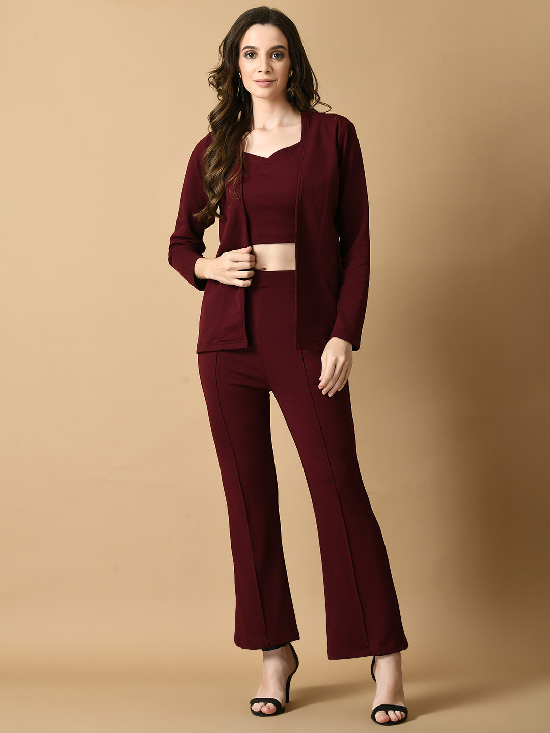 Women's Magenta Solid Coat With  Trousers