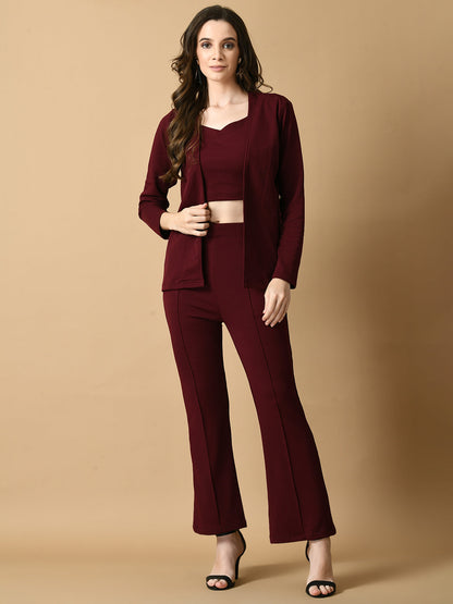 Women's Magenta Solid Coat With  Trousers