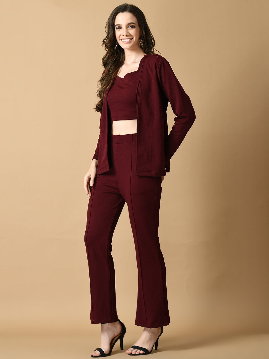 Women's Magenta Solid Coat With  Trousers