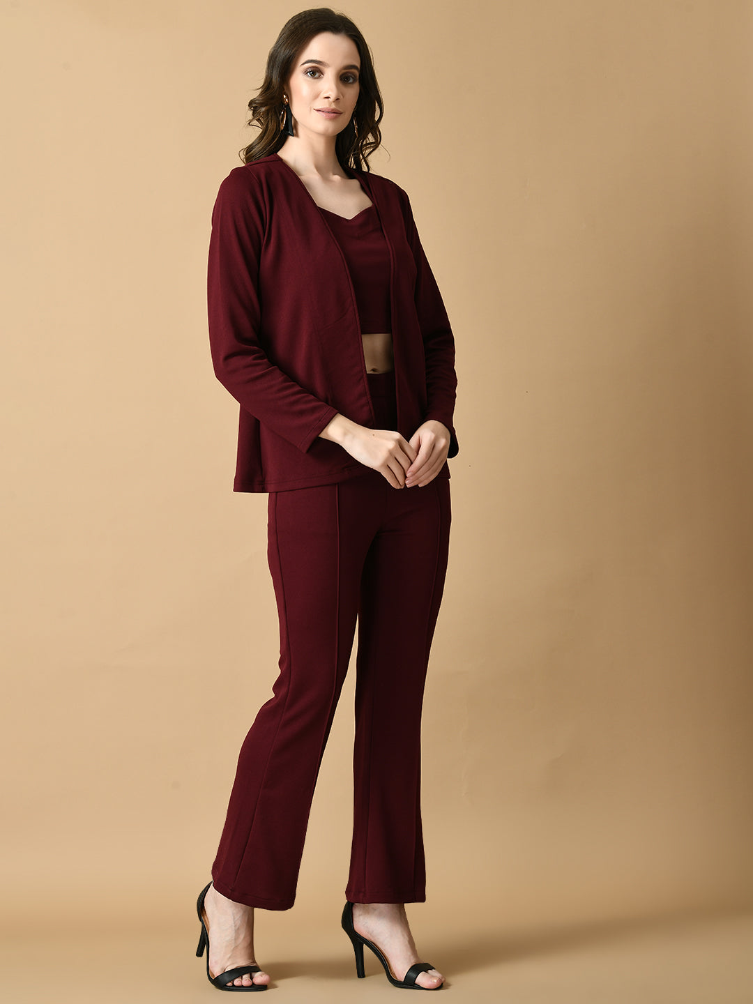 Women's Magenta Solid Coat With  Trousers