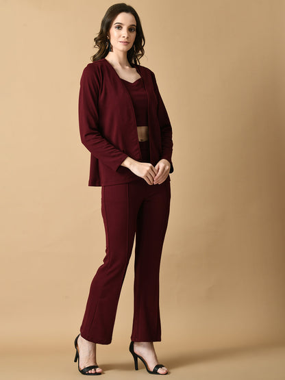 Women's Magenta Solid Coat With  Trousers