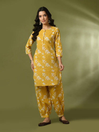 Women's  Yellow Printed Cotton Round Neck Party Tunic With Trousers Co-Ord Set