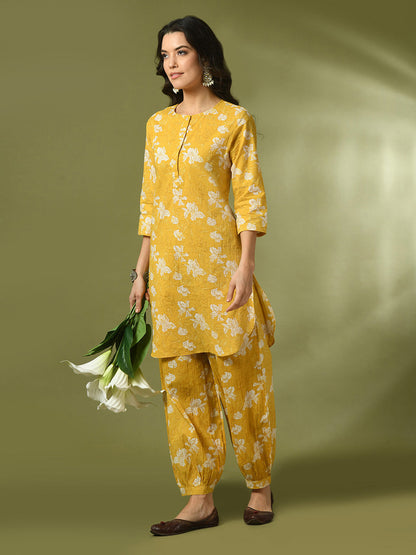 Women's  Yellow Printed Cotton Round Neck Party Tunic With Trousers Co-Ord Set