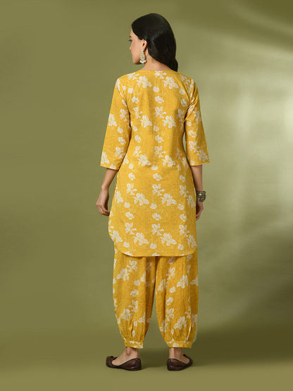 Women's  Yellow Printed Cotton Round Neck Party Tunic With Trousers Co-Ord Set