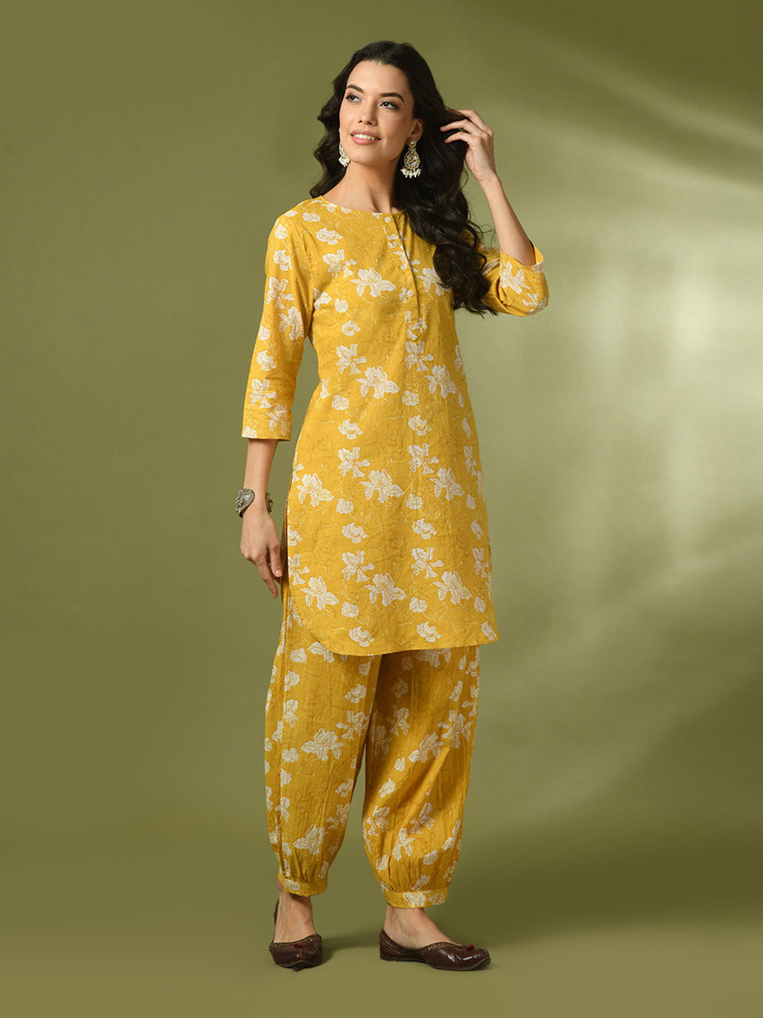 Women's  Yellow Printed Cotton Round Neck Party Tunic With Trousers Co-Ord Set
