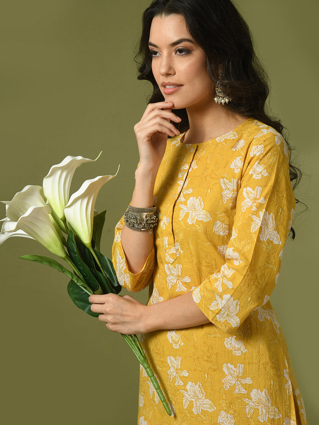 Women's  Yellow Printed Cotton Round Neck Party Tunic With Trousers Co-Ord Set