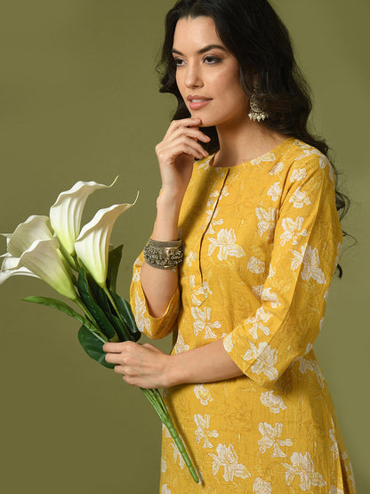 Women's  Yellow Printed Cotton Round Neck Party Tunic With Trousers Co-Ord Set