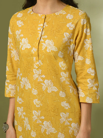 Women's  Yellow Printed Cotton Round Neck Party Tunic With Trousers Co-Ord Set