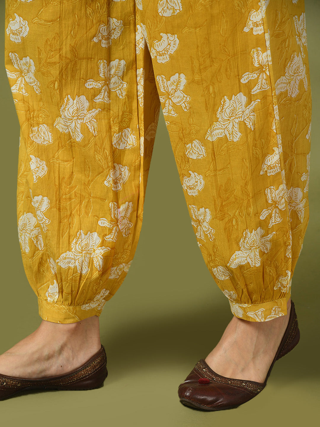 Women's  Yellow Printed Cotton Round Neck Party Tunic With Trousers Co-Ord Set