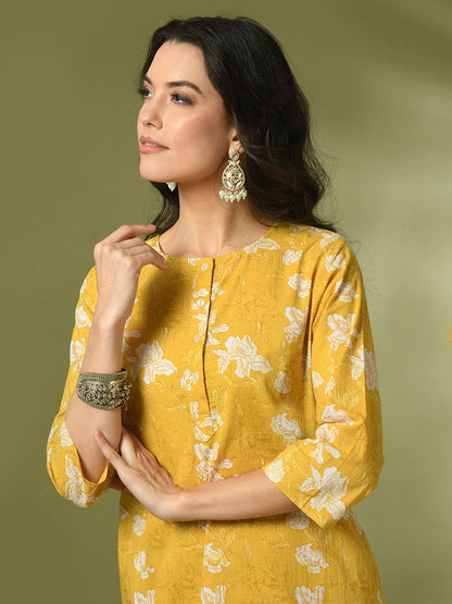 Women's  Yellow Printed Cotton Round Neck Party Tunic With Trousers Co-Ord Set