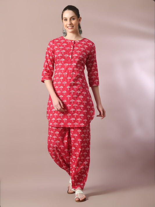 Women's  Pink Printed Cotton Round Neck Party Tunic With Trousers Co-Ord Set