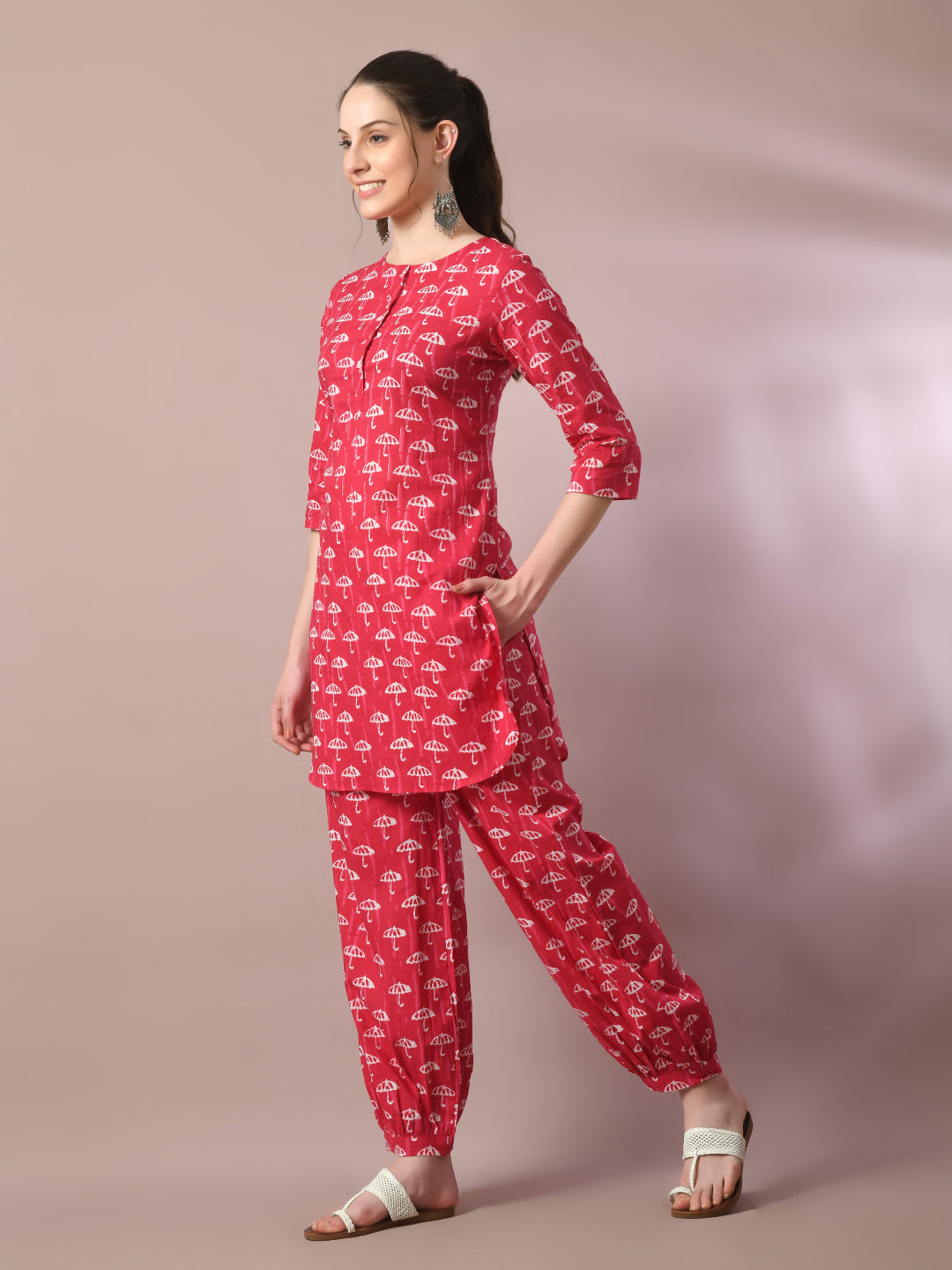 Women's  Pink Printed Cotton Round Neck Party Tunic With Trousers Co-Ord Set
