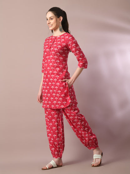 Women's  Pink Printed Cotton Round Neck Party Tunic With Trousers Co-Ord Set