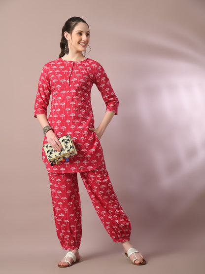 Women's  Pink Printed Cotton Round Neck Party Tunic With Trousers Co-Ord Set