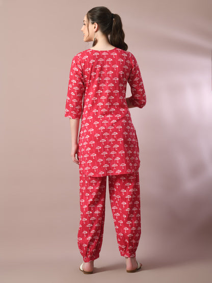 Women's  Pink Printed Cotton Round Neck Party Tunic With Trousers Co-Ord Set