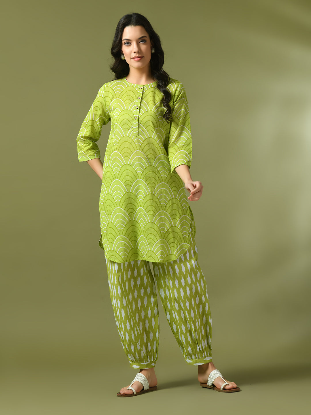 Women's  Green Printed Cotton Round Neck Party Tunic With Trousers Co-Ord Set