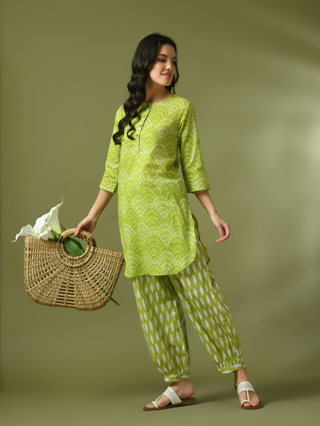Women's  Green Printed Cotton Round Neck Party Tunic With Trousers Co-Ord Set