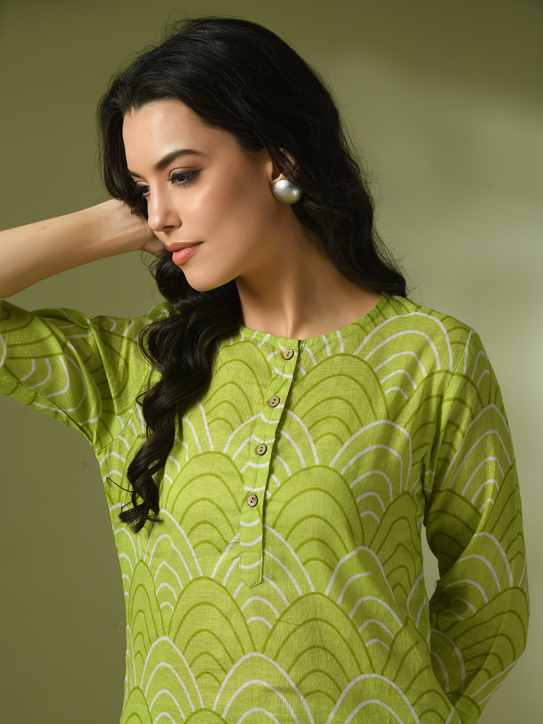 Women's  Green Printed Cotton Round Neck Party Tunic With Trousers Co-Ord Set