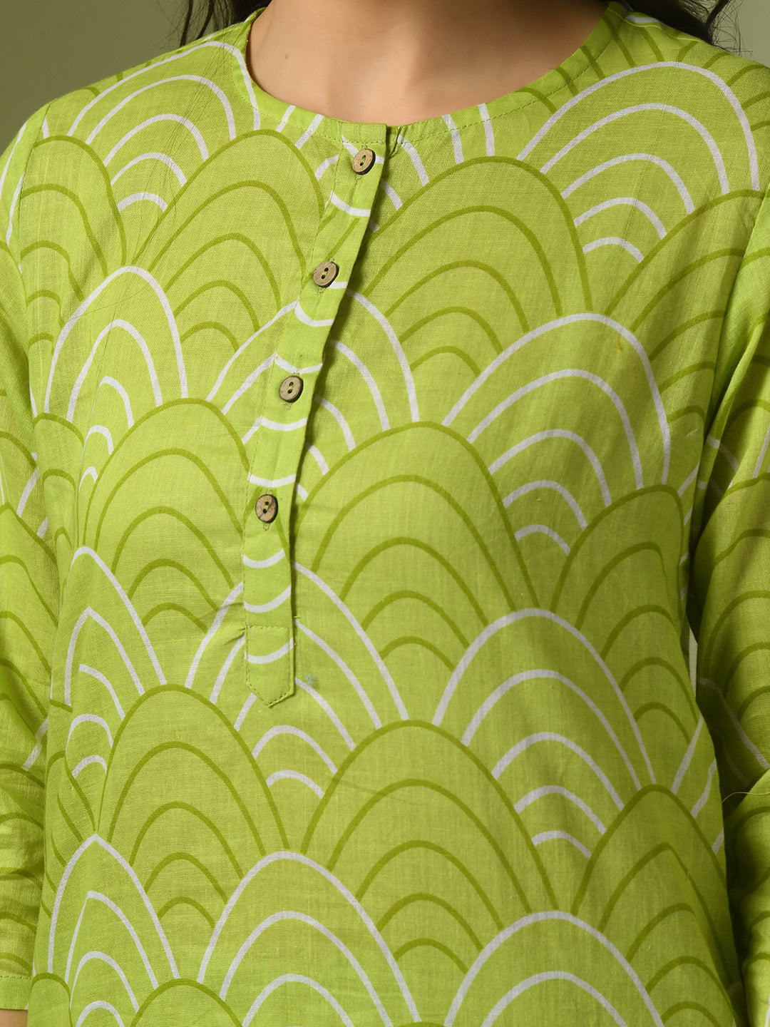 Women's  Green Printed Cotton Round Neck Party Tunic With Trousers Co-Ord Set