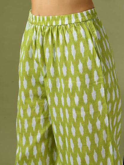 Women's  Green Printed Cotton Round Neck Party Tunic With Trousers Co-Ord Set