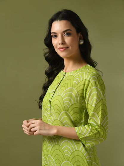 Women's  Green Printed Cotton Round Neck Party Tunic With Trousers Co-Ord Set
