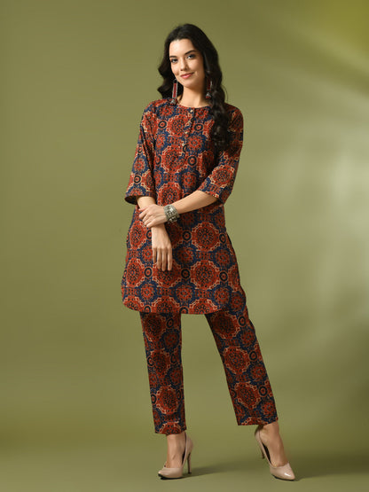 Women's  Multi Printed Cotton Round Neck Party Tunic With Trousers Co-Ord Set