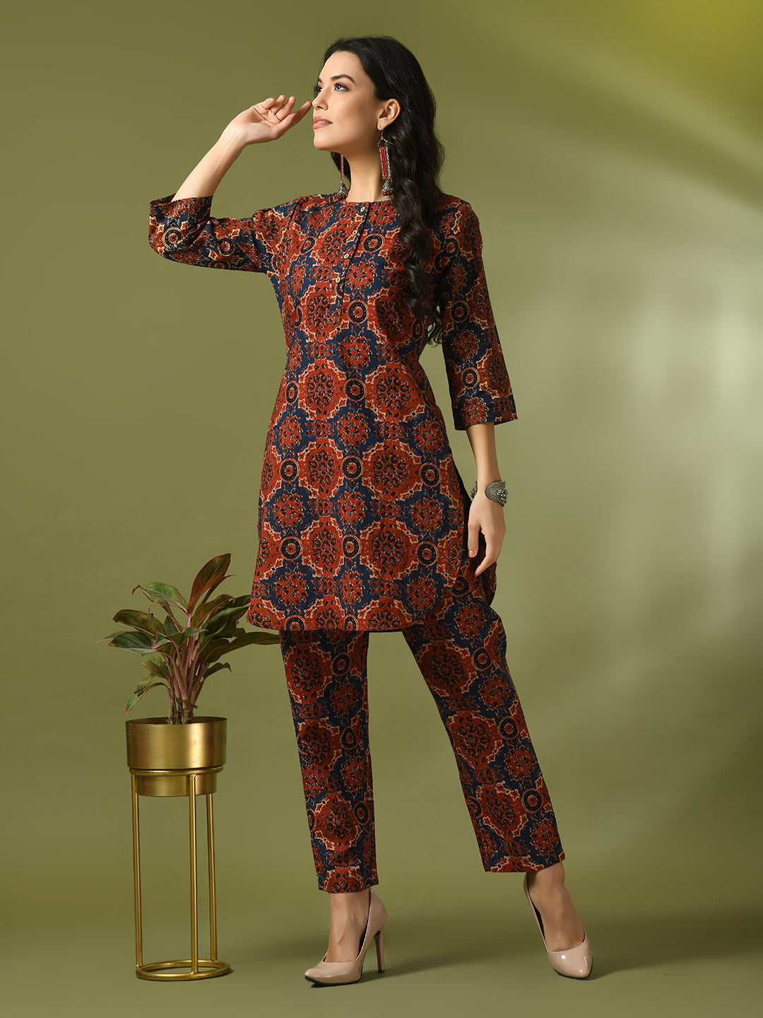 Women's  Multi Printed Cotton Round Neck Party Tunic With Trousers Co-Ord Set