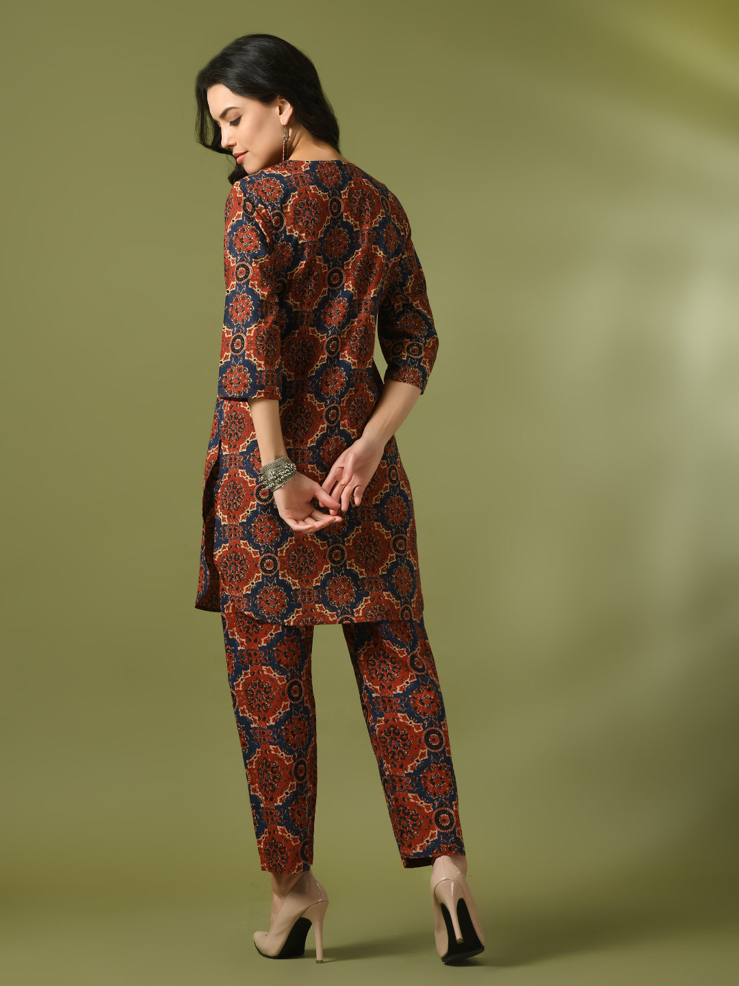 Women's  Multi Printed Cotton Round Neck Party Tunic With Trousers Co-Ord Set