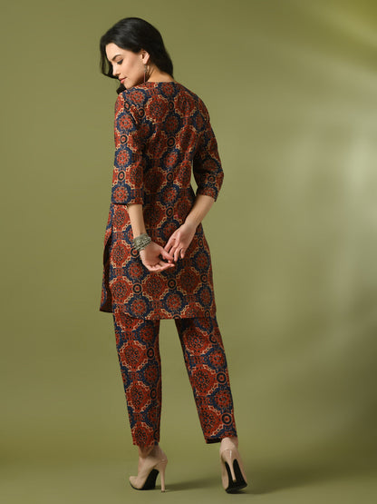 Women's  Multi Printed Cotton Round Neck Party Tunic With Trousers Co-Ord Set