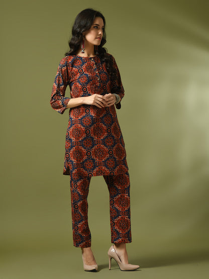 Women's  Multi Printed Cotton Round Neck Party Tunic With Trousers Co-Ord Set