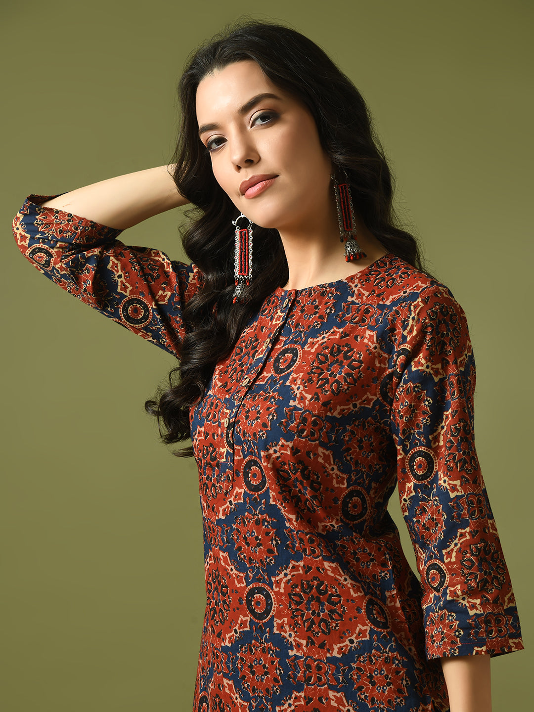 Women's  Multi Printed Cotton Round Neck Party Tunic With Trousers Co-Ord Set
