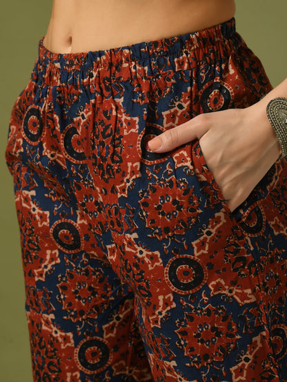 Women's  Multi Printed Cotton Round Neck Party Tunic With Trousers Co-Ord Set