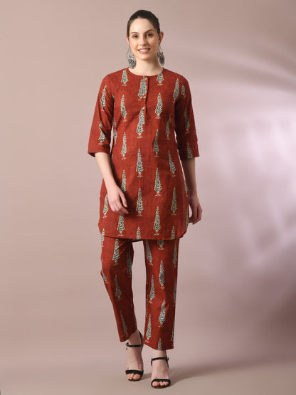 Women's  Rust Printed Cotton Round Neck Party Tunic With Trousers Co-Ord Set