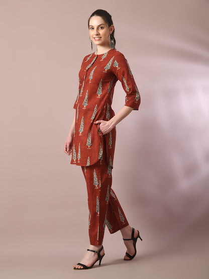 Women's  Rust Printed Cotton Round Neck Party Tunic With Trousers Co-Ord Set