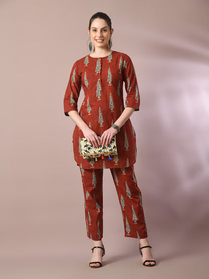 Women's  Rust Printed Cotton Round Neck Party Tunic With Trousers Co-Ord Set