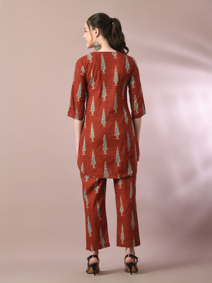 Women's  Rust Printed Cotton Round Neck Party Tunic With Trousers Co-Ord Set