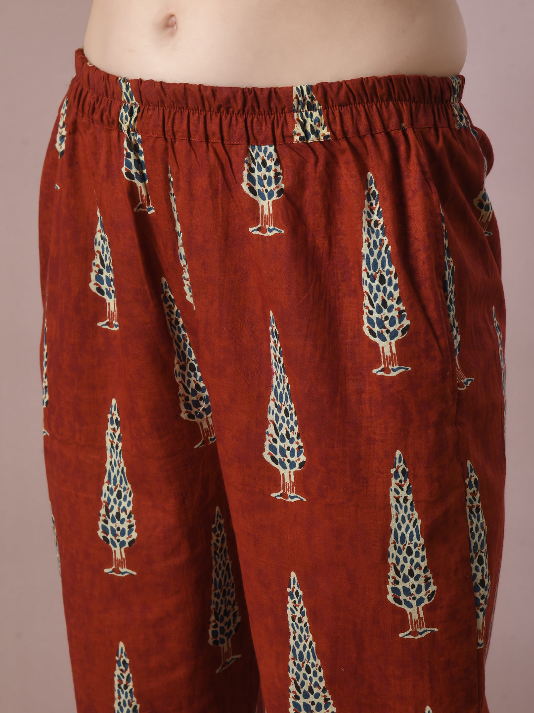 Women's  Rust Printed Cotton Round Neck Party Tunic With Trousers Co-Ord Set