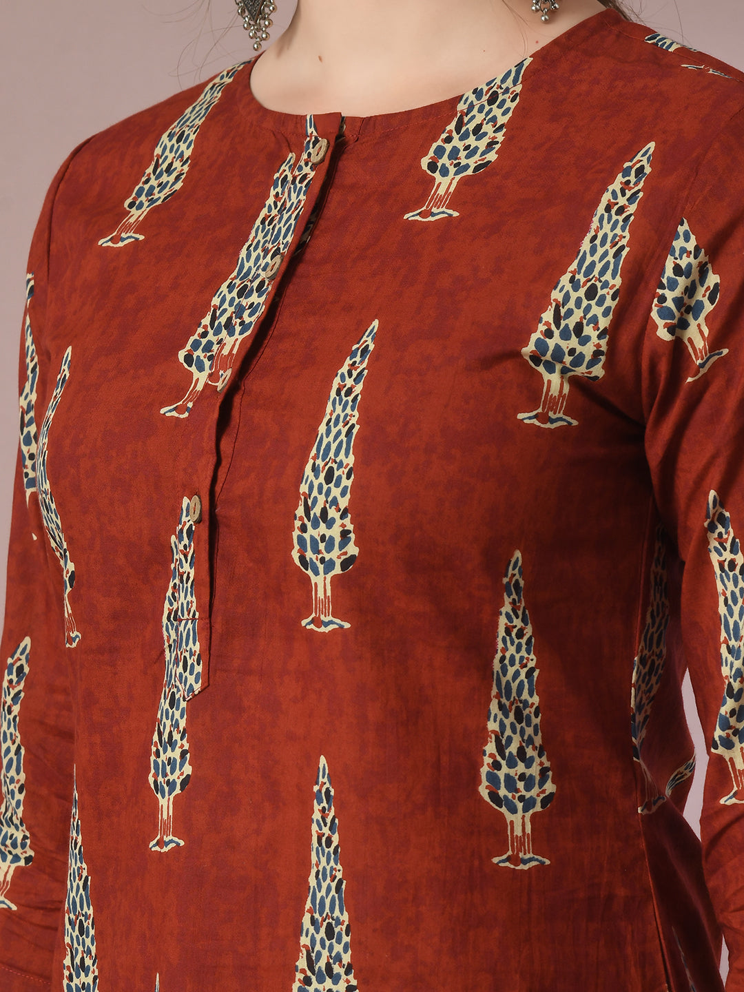 Women's  Rust Printed Cotton Round Neck Party Tunic With Trousers Co-Ord Set
