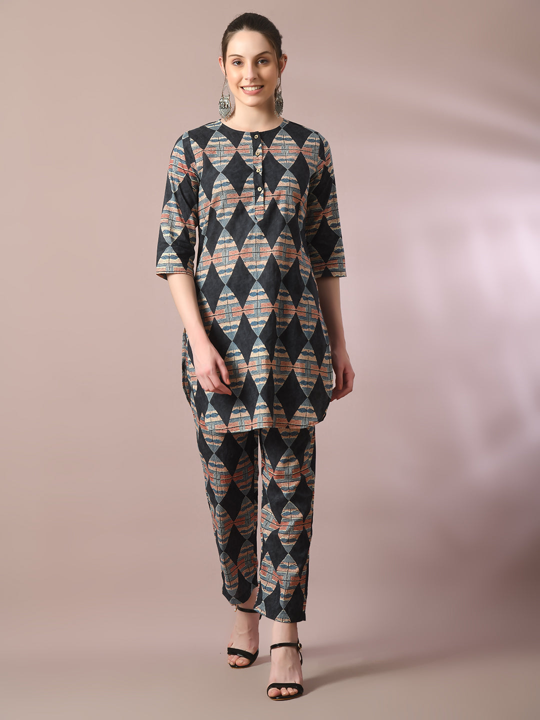 Women's  Multi Printed Cotton Round Neck Party Tunic With Trousers Co-Ord Set