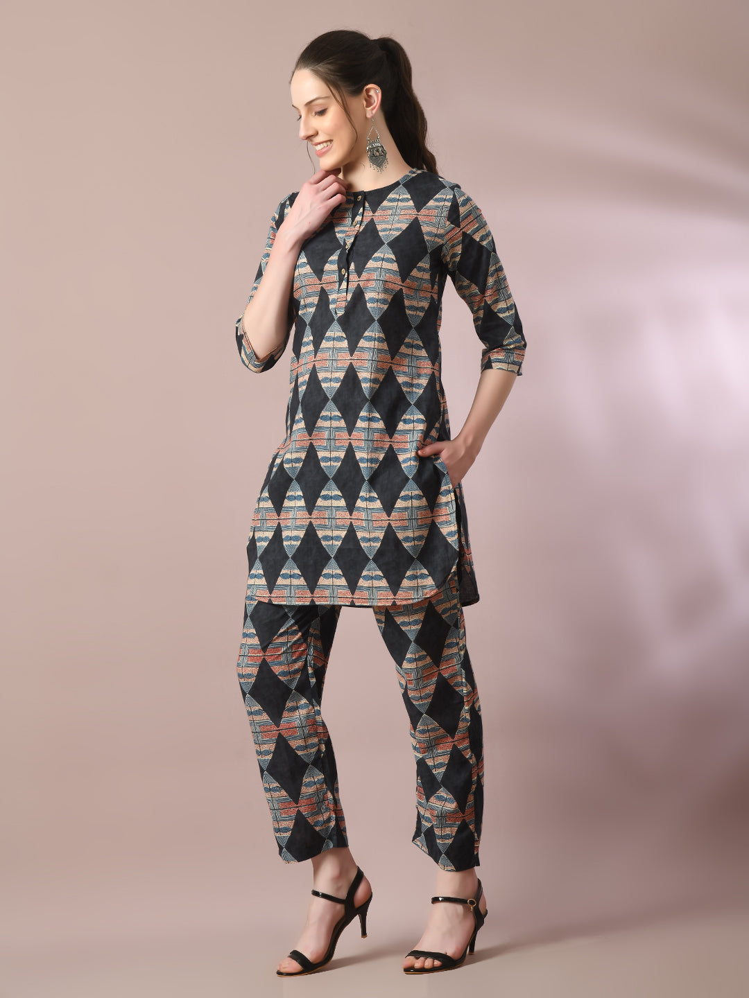 Women's  Multi Printed Cotton Round Neck Party Tunic With Trousers Co-Ord Set