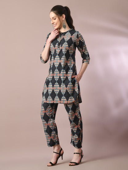 Women's  Multi Printed Cotton Round Neck Party Tunic With Trousers Co-Ord Set