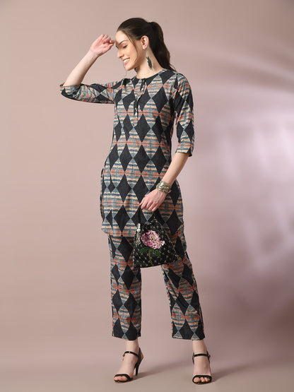 Women's  Multi Printed Cotton Round Neck Party Tunic With Trousers Co-Ord Set