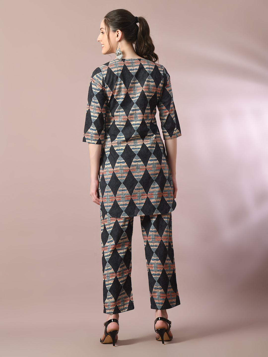 Women's  Multi Printed Cotton Round Neck Party Tunic With Trousers Co-Ord Set