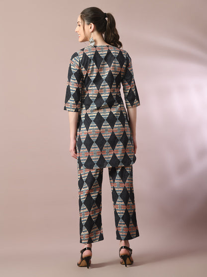 Women's  Multi Printed Cotton Round Neck Party Tunic With Trousers Co-Ord Set